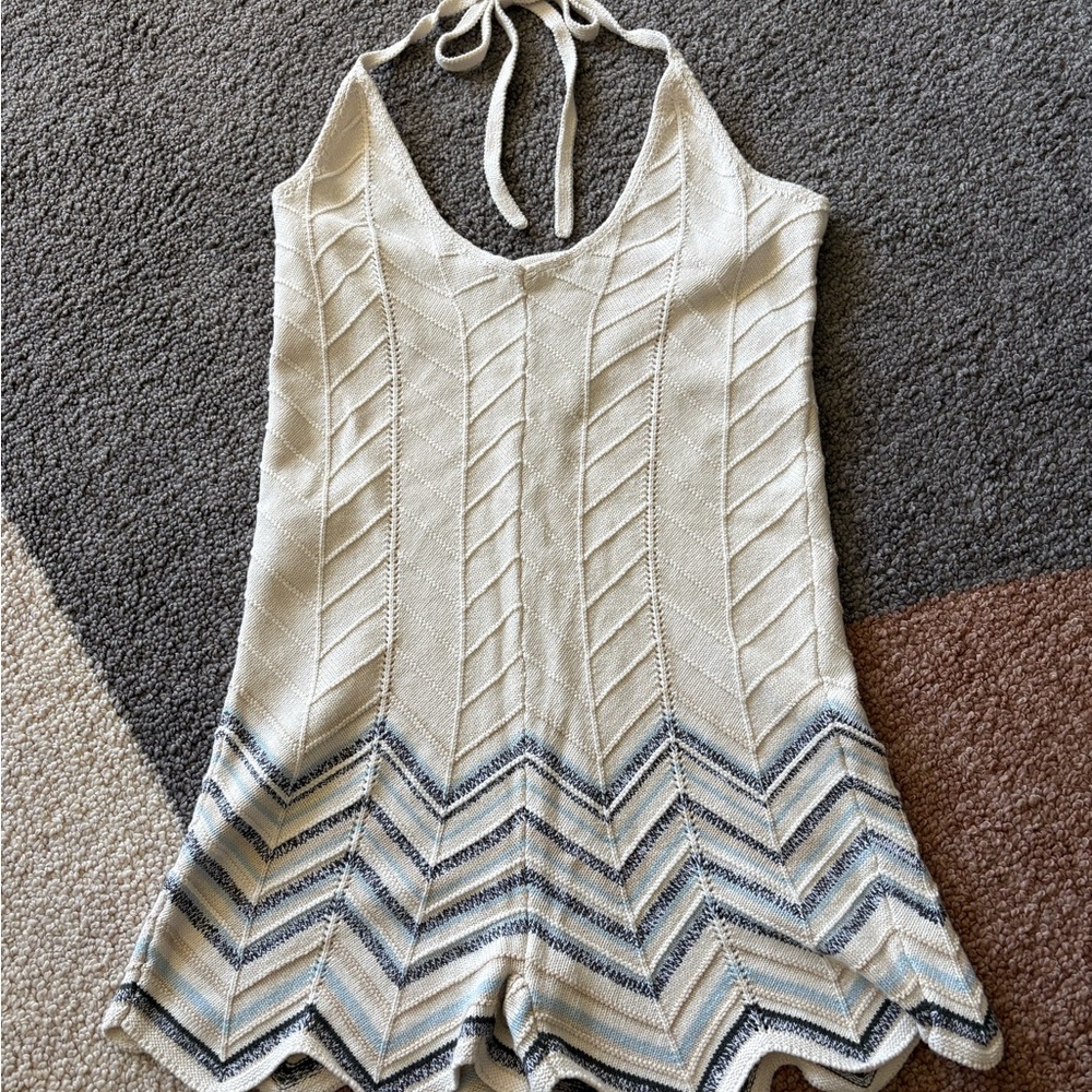 NWT American Eagle Cream -Blue Chevron Crochet Beach Halter Romper Shorts XL